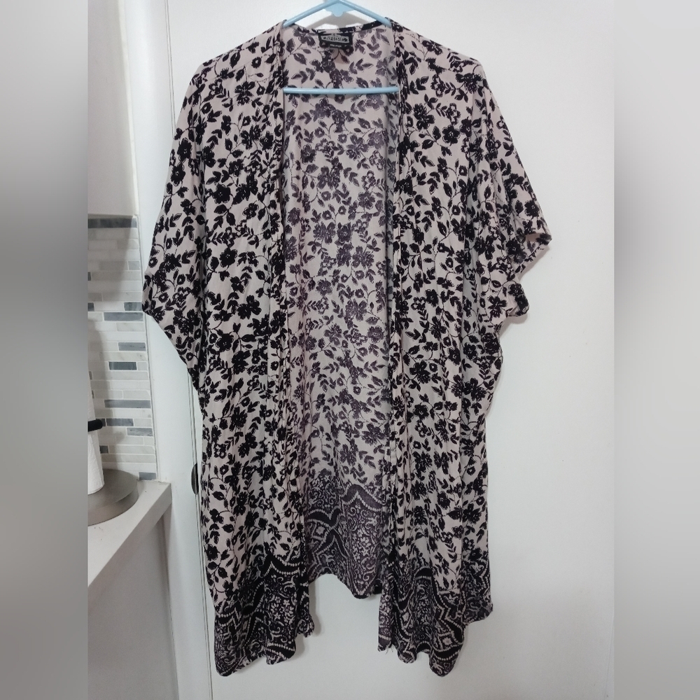 Angie Beige Black floral Open front Cardigan Beach Cover up Arm holes LG